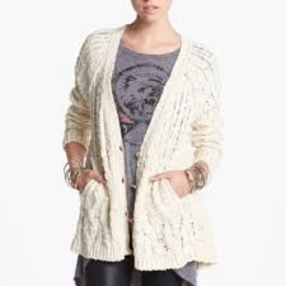Free People Montana Cable Knit Cream Cardigan Sz S